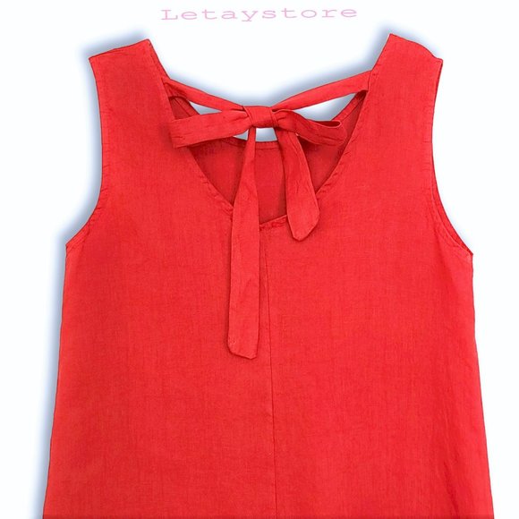 NWT Rosemarine Made In Italy Linen Crochet Hem Bow Tie Back Midi Dress - Picture 5 of 8